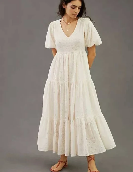 dress Mother Anthropologie Eyelet Tiered V-neck Maxi Dress Ivory White Xs eBay - beachychicd $129