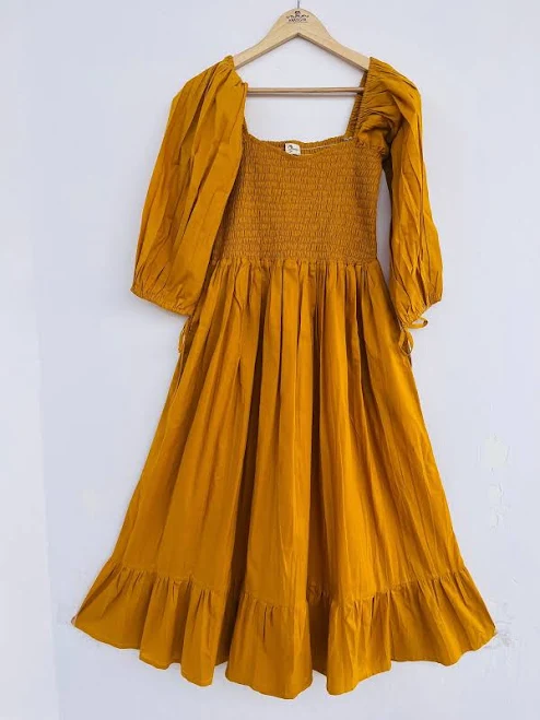 dress Musturd Long Shirred Maxi Dress Etsy - Growkrati $59.5