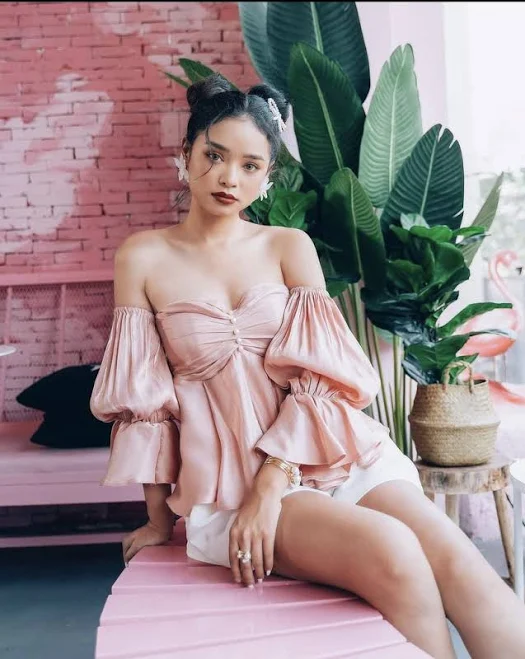 off-shoulder top Off-Shoulder Silk Blouse with Draped Bodice and Puff Sleeves Sarah Luton England $59