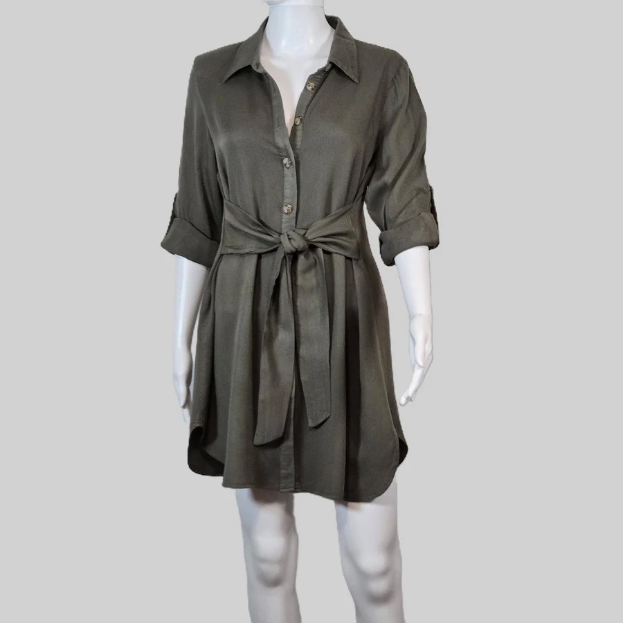 dress Olive Green Button Front Tie Waist Shirt Dress Roll Tab Sleeve Midi eBay $20