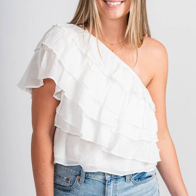 top One Shoulder Ruffle Top Lush Fashion Lounge $45