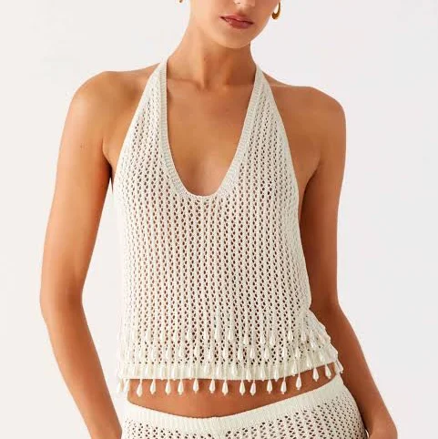 halter top Pearl Shore Beaded Crochet Top Peppermayo - US $83