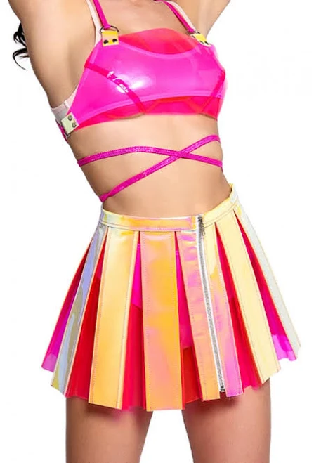 bottoms Pink Lemonade Holographic Vinyl Skirt RaveReady.com $55.99
