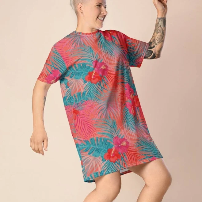 dress Pink Tropical Print Oversized T-shirt Dress 2xs-6xl Teal Floral Beach eBay - fieldhousedesigns $50.95