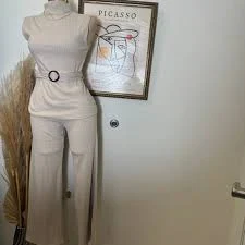 two piece set PL Sleeveless Mock neck with Belt rib knit Top and Wide Rib Knit pants-cream PL Sleeveless Mock neck with Belt rib knit Top and Wide Rib Knit pants- marysolfashion.myshopify.com $33