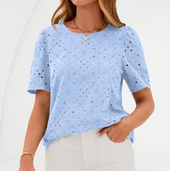 top Prettygarden Women's Dressy Casual Lace Puff Short Sleeve Eyelet Shirt PrettyGarden $24.99