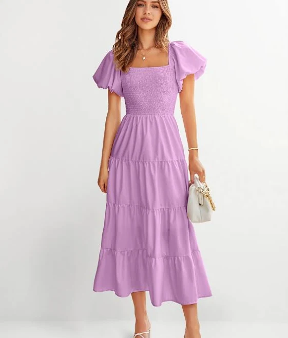 dress Prettygarden Women's Puffy Short Sleeve Square Neck Smocked Tiered Ruffle Dress PrettyGarden $49.99