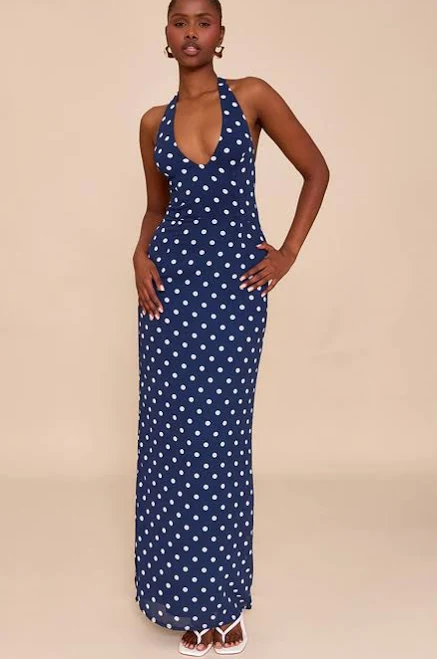 dress PrettyLittleThing Women's Chiffon Polka Dot Printed Plunge Neck Maxi Dress in Navy/White | Size: 6 Nasty Gal - US $29.6