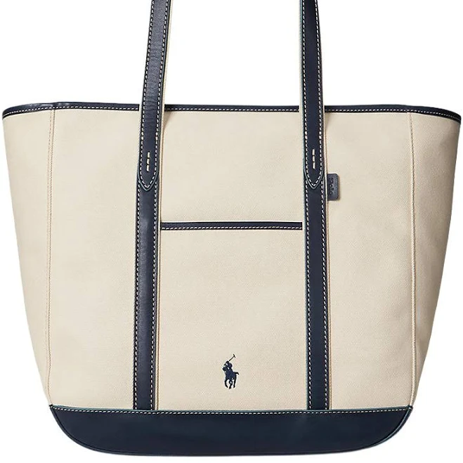 bag Ralph Lauren Women's Leather-Trim Canvas Medium Shopper Tote Bag fairwaystyles.com $298
