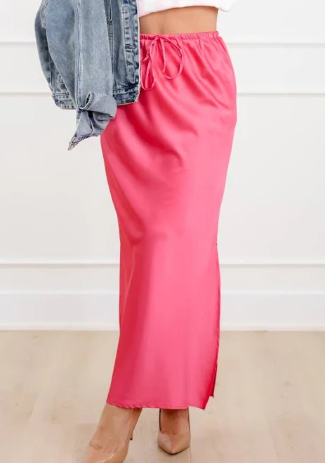 skirt Restock! Satin Elastic Waist Midi Skirt with Side Slit Coral / M Freckled Poppy $58.9
