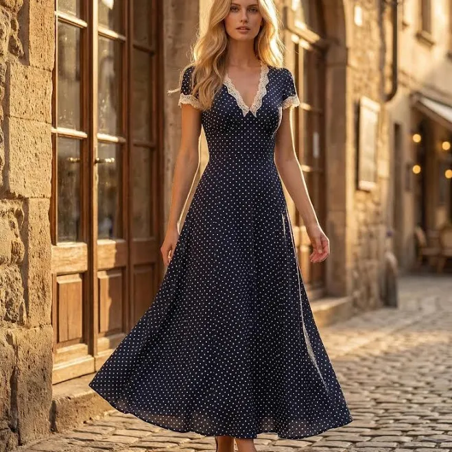 dress Retro Polka Dot Lace Trim V-Neck Maxi Dress Etsy - Seller $96.21