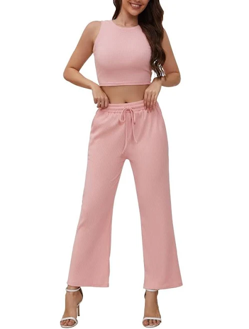 matching set Ribbed Knit Lounge Set: Sleeveless Crop, Wide Leg Pants (pink, M) eBay - j-a.wright $29.99
