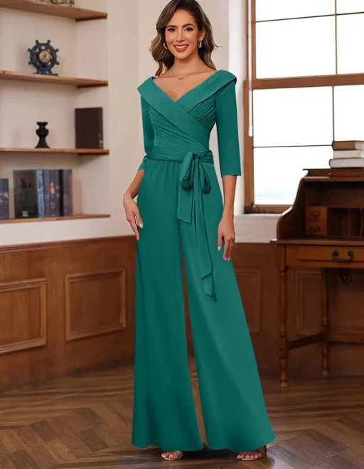 jumpsuit Ruched Chiffon V-Neck 3/4 Sleeve Jumpsuit Mondressy $119.99