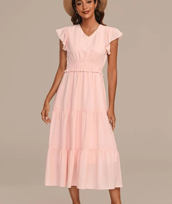 dress Ruffle Sleeve V Neck Tiered Midi Dress Petal Lush $49