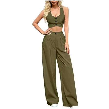 matching set Rydcot Women's 2-Piece Outfit Solid Color Sleeveless V Neck Button Tank Top with Pockets and Long Pants Army Green, Size: Medium Walmart - Urban Chic Closet $18.39