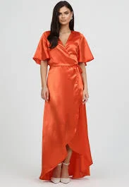 dress S Size Orange Wrap Satin Dress With Flutter Sleeves (Ready to Ship) Désir Couture $87.78