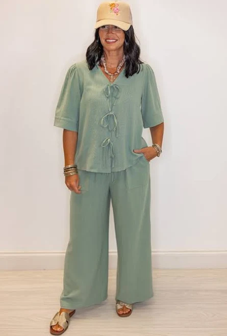 matching set Sage Linen Top And Pants Set | Free Shipping Over $100.00 Small Purple Door Boutique $29