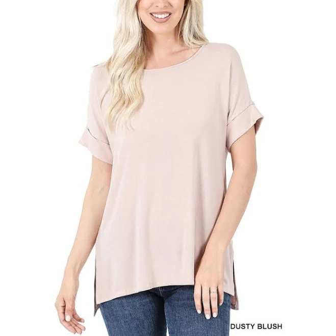 top Sandee Rain Boutique - Luxe Modal Short Sleeve Boat Neck Top with High-Low Hem Zenana Tops Tops, Dusty Blush / S Sandee Rain Boutique $32.2