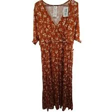 dress Serra Floral Maxi Dress Womens L Rust Orange New Tiered Smocked V-Neck Pockets eBay $34.95