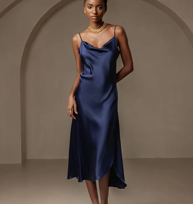 dress SilkSilky Women's Silk Cowl Neck Midi Dress, Dark Blue / L SilkSilky $119.95