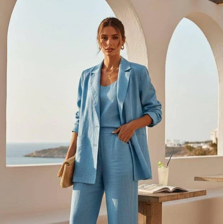 outfits Sky Blue Linen2 Piece Suit for Women, Relaxed Blazer & Wide Leg Pants Set, Coastal Chic Two-Piece Outfit, Elegant Summer Workwear Ensemble Etsy - Seller $216.5