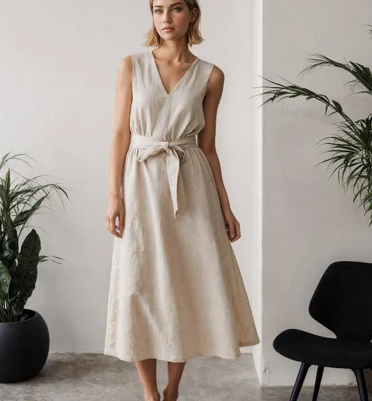 dress Sleeveless V-Neck A-Line Linen Midi Dress Etsy - ModernMoveBoutique $57.82