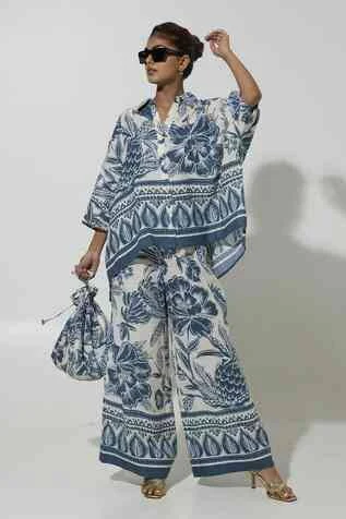 two piece set SOBARIKO - Women Blue Linen Collared Cordelia Printed Shirt and Pant Set| AZA Fashions| Brunch Aza Fashions $171