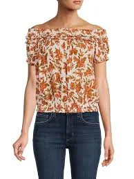 off-shoulder top Suki Smocked Off Shoulder Floral Blouse - Orange Multicolor eCosmetics $23.38
