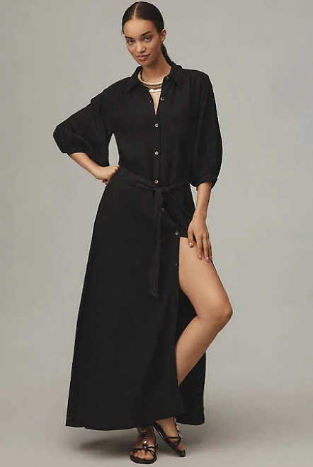 dress The Mona Linen Shirt Dress by Maeve in Black, Size: Small at Anthropologie Anthropologie $188