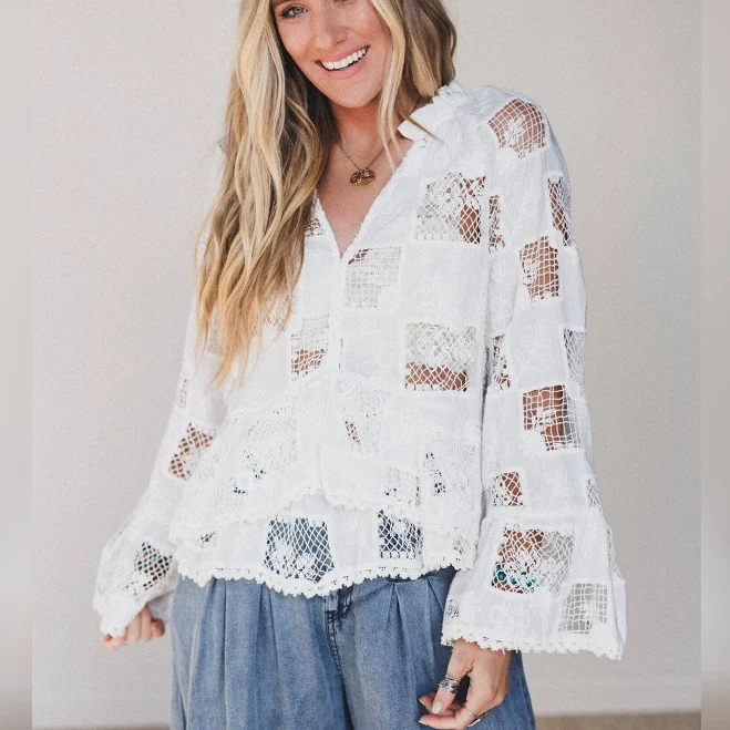 top Three Bird Nest Women's Eyelet Garden Bell Sleeve Blouse Three Bird Nest $54