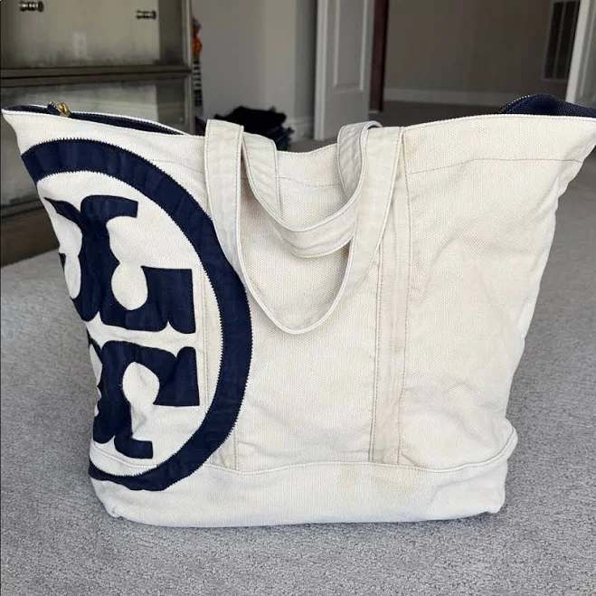 bag Tory Burch Bags | Tory Burch Natural Canvas Tote With Navy Logo | Color: Blue/Cream | Size: Os | Jsyoufjy's Closet Poshmark $65