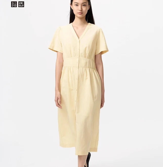 dress UNIQLO Women's Linen Blend V-Neck Short Sleeve Dress uniqlo.com/us $69.9