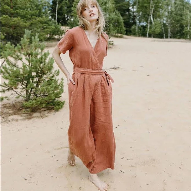 jumpsuit V-Neck Short Sleeve Wrap Culottes Leg Linen Jumpsuit Etsy - Seller $177.05