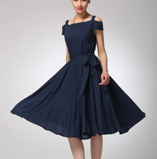 dress Vintage Fit & Flare Off Shoulder Linen Midi Dress Etsy - xiaolizi $71.1