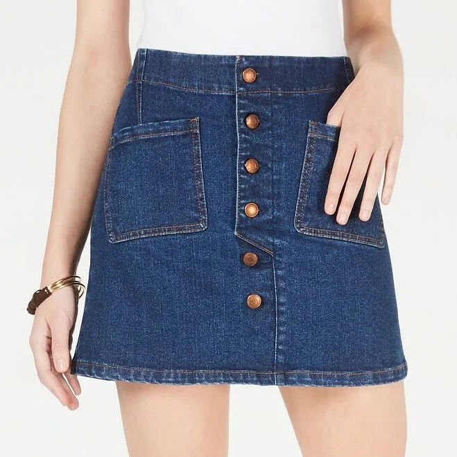 skirt Women OAT Cotton Button-front Denim Mini A-Line Skirt 2 front pockets 2 colors eBay - brandsforhalfprice $13.5