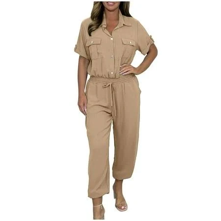 jumpsuit Women's Casual Button Down Lapel Neck Short Sleeve Cargo Jumpsuit with Pockets Walmart - Oplxuo $30.98