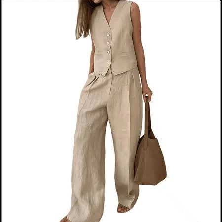 matching set Women's Chic Linen Cotton Two-Piece Suit Walmart - heimeicafe $43.45