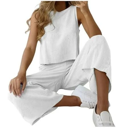 matching set Women's Cotton Linen Two Piece Lounge Set Walmart - ShomPort Clothing $16.99