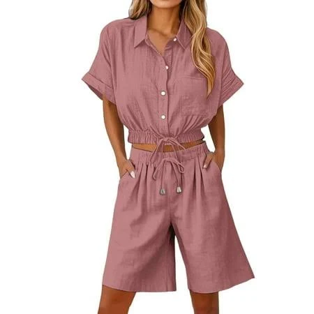 matching set Women's Cropped Cotton Linen Shirt and Shorts Set Walmart - Whitleig $26.3