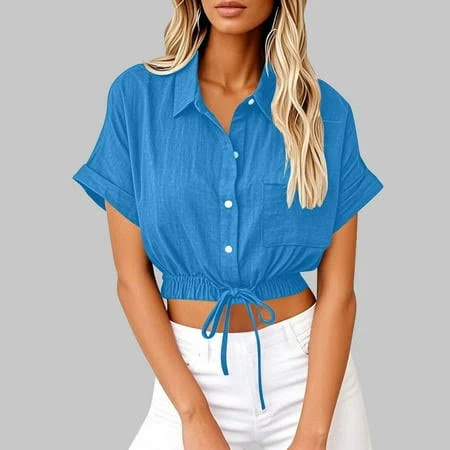top Women's Cropped Cotton Linen Shirt with Drawstring Waist Walmart - xixuanwan official $25.77