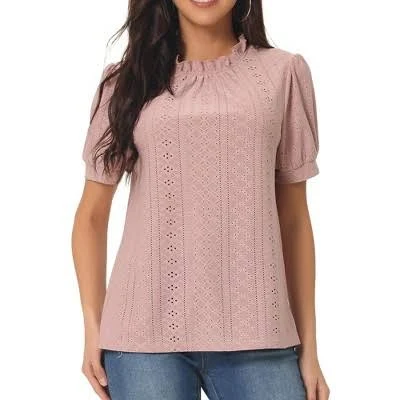 top Women's Dressy Casual Ruffle Neck Puff Sleeve Eyelet Top Target $31.99