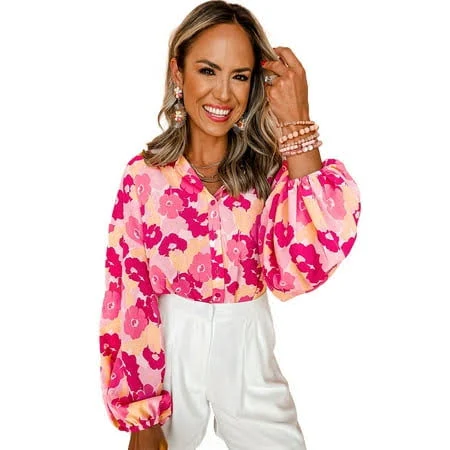 blouses Women's Floral Print Puff Sleeve Buttoned Shirt Walmart - Feminine Charm $30.65