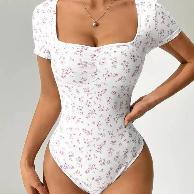 bodysuit Women's Floral Square Neck Short Sleeve Bodysuit TikTok Shop $34