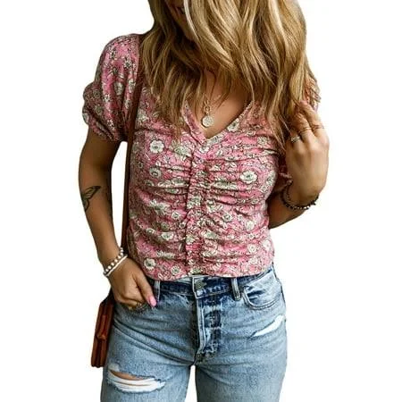 top Women's Floral V-Neck Short Puff Sleeve Blouse Walmart - Feminine Charm $22.88