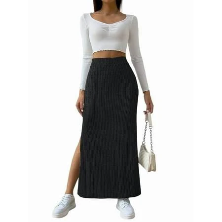 two piece set Women's High - Waisted Side Slit Slim Fit Midi Skirt Walmart - heimeicafe $23.48
