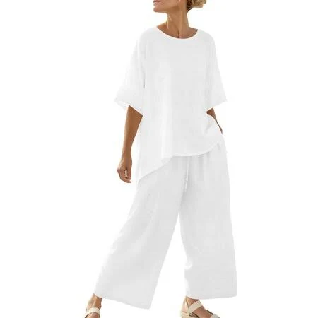outfits Women's Linen Loose Half Sleeve Top and Drawstring Wide Leg Pants Walmart - ShomPort Clothing $15.99