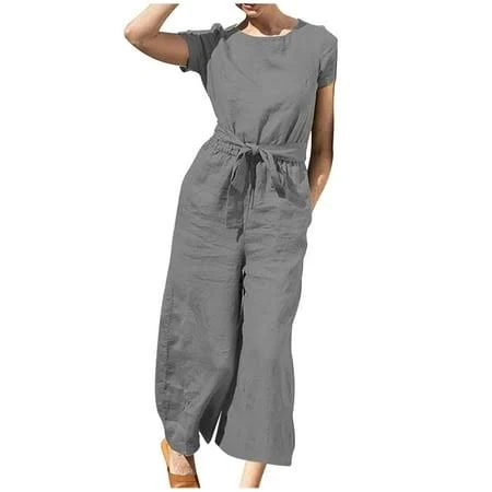 jumpsuit Women's Loose Short Sleeve Round Neck Cotton Linen Jumpsuit Walmart - gjutow $13.99