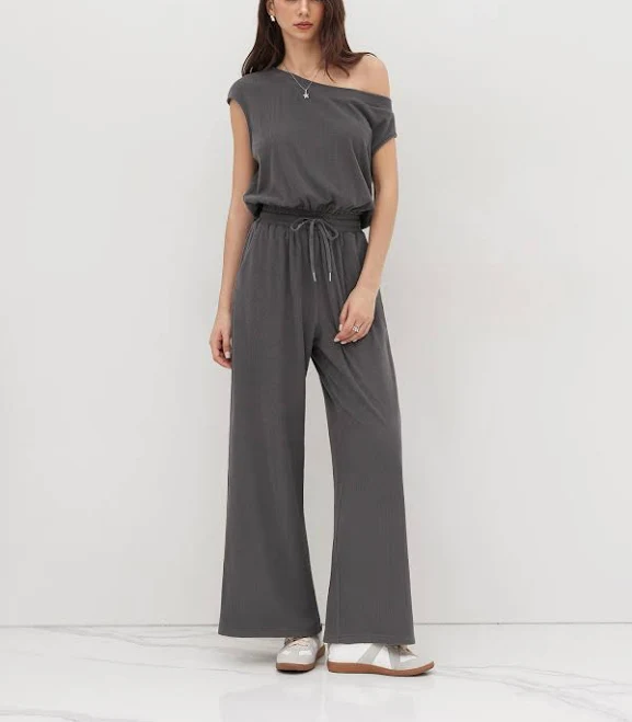 jumpsuit Women's Luxe Comfort Knit Asymmetrical Neck Jumpsuit with Drawstring Waist Cider $42.9