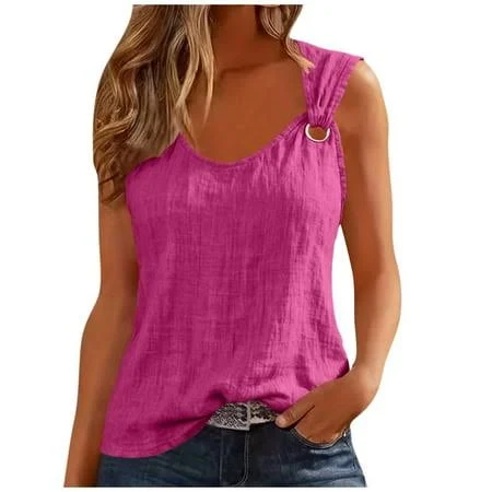 asymmetric neck top Women's One Shoulder Asymmetrical Linen Tank Top with Metal Ring Strap Walmart - StyleEdge $7.72