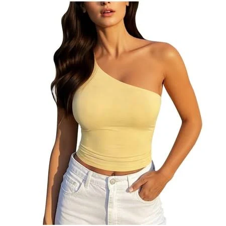 one shoulder top Women's One Shoulder Double Lined Slim Fit Cropped Tank Tops Walmart - luxoti Co.Ltd $10.99